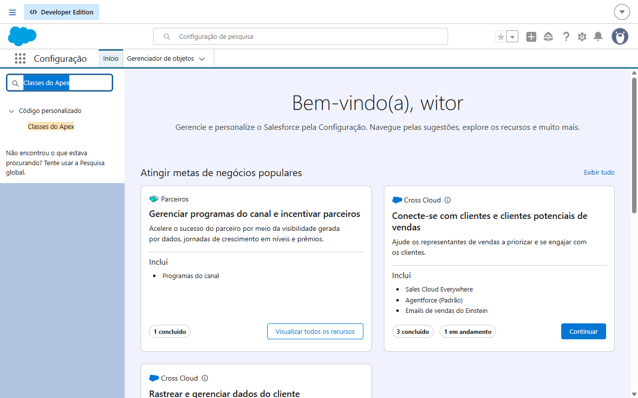 Busca rápida da Configuração preenchida com Classes do Apex