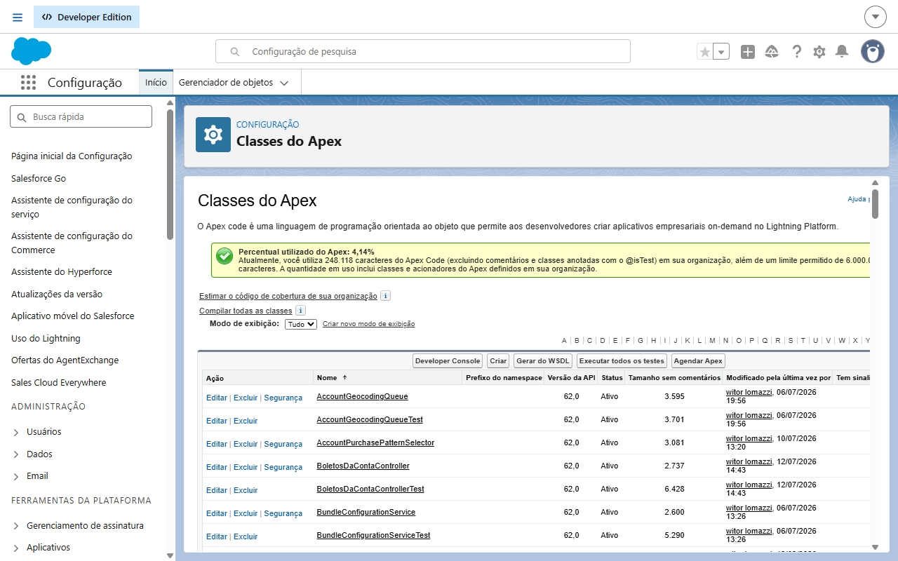 Tela Classes do Apex com o botão Criar acima da lista