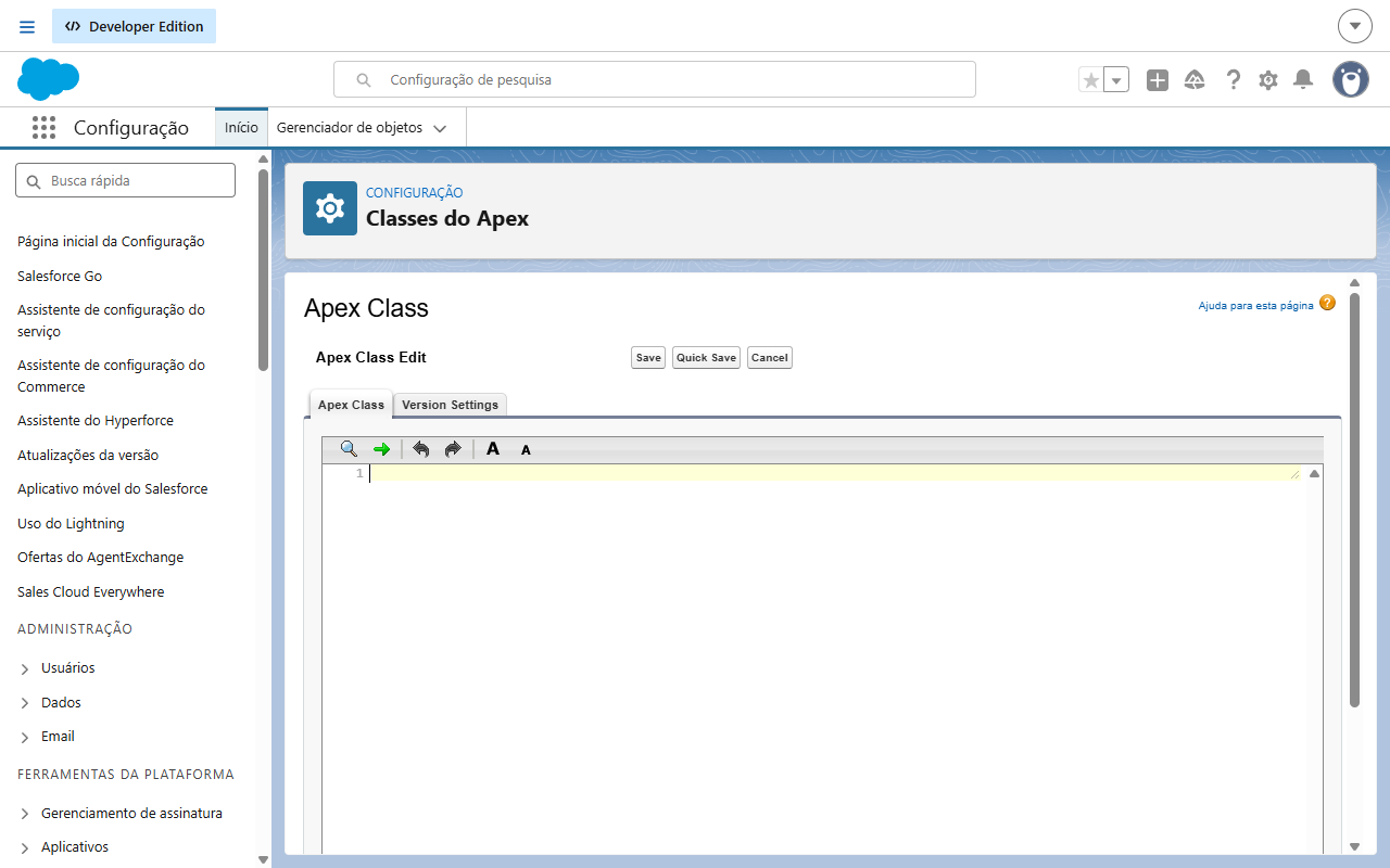 Editor de uma nova classe Apex com os botões Save, Quick Save e Cancel