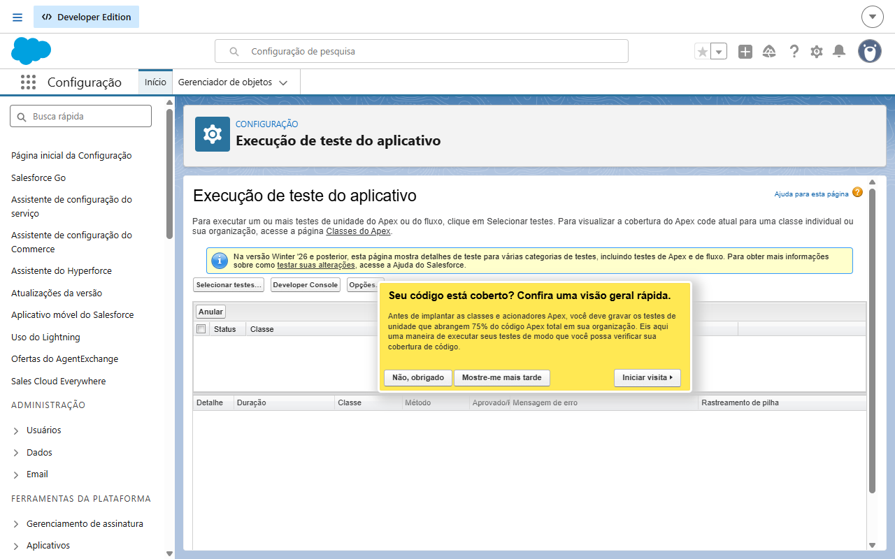 Tela Execução de teste do aplicativo com o botão Selecionar testes