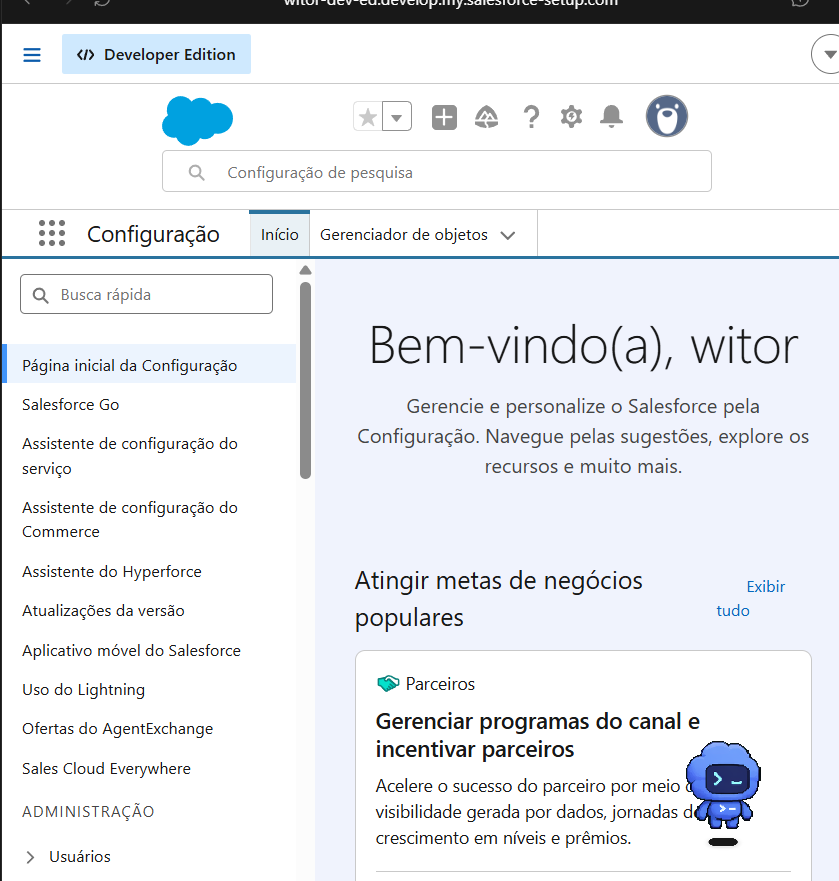 Página inicial da Configuração em uma Developer Org Salesforce