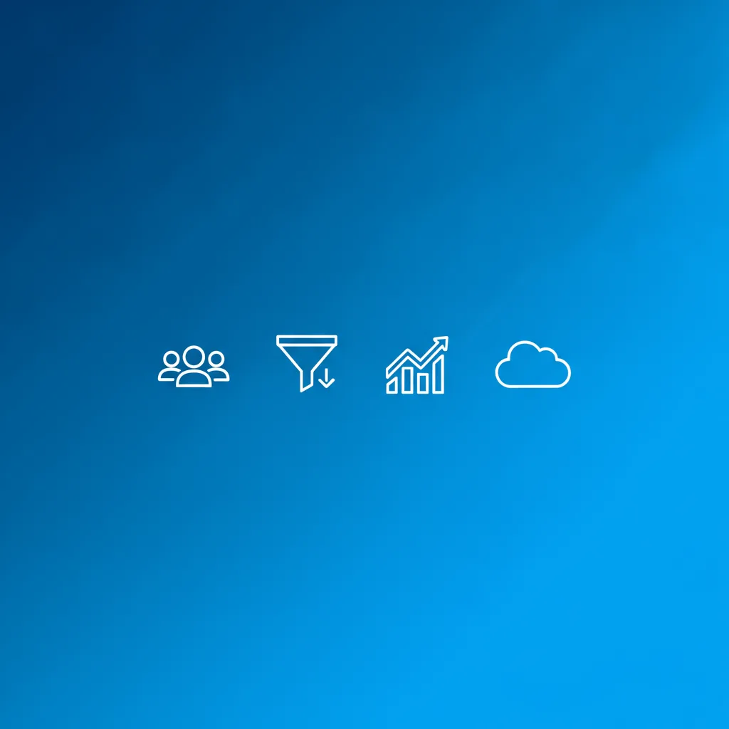 Ilustração de um time de vendas pequeno com ícones de funil, histórico e previsão em linha horizontal ligados à nuvem do Salesforce