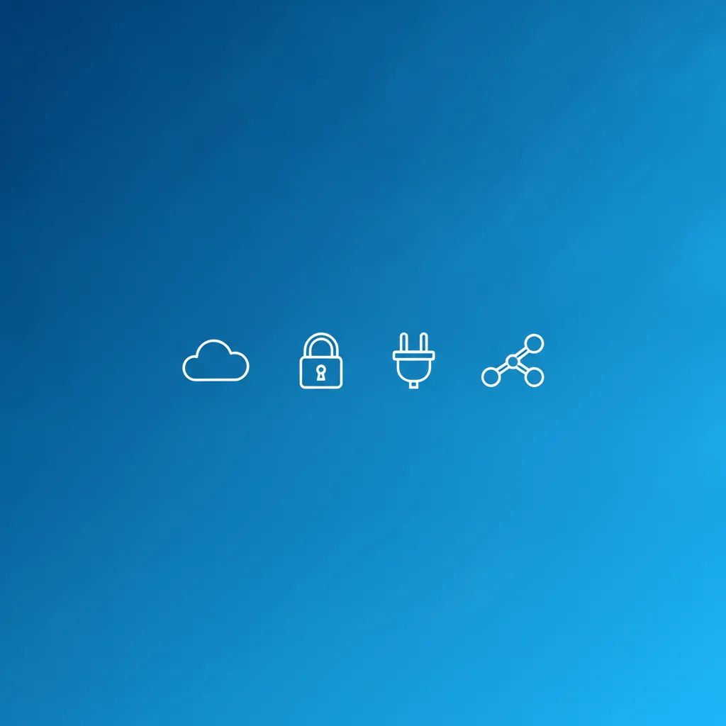 Ilustração de conexões de API entre sistemas com ícones de cadeado, nuvem e endpoint numa linha horizontal