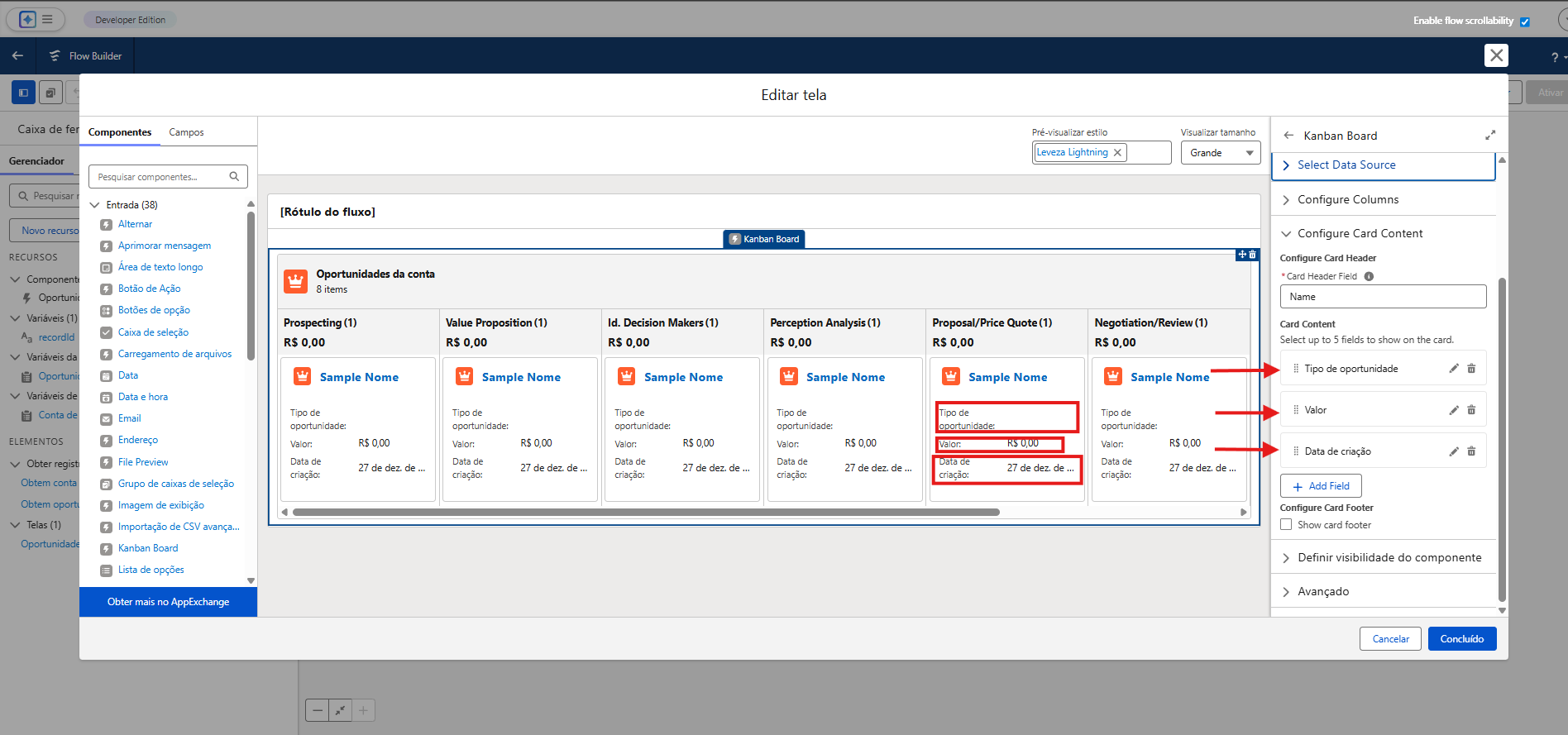 Selecionando campos para exibição no Kanban Screen Flow