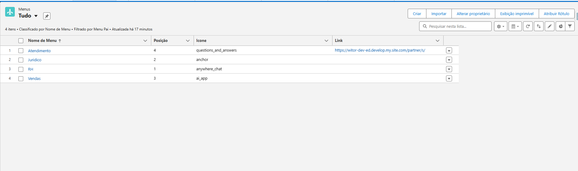 Corpos de menu do Salesforce