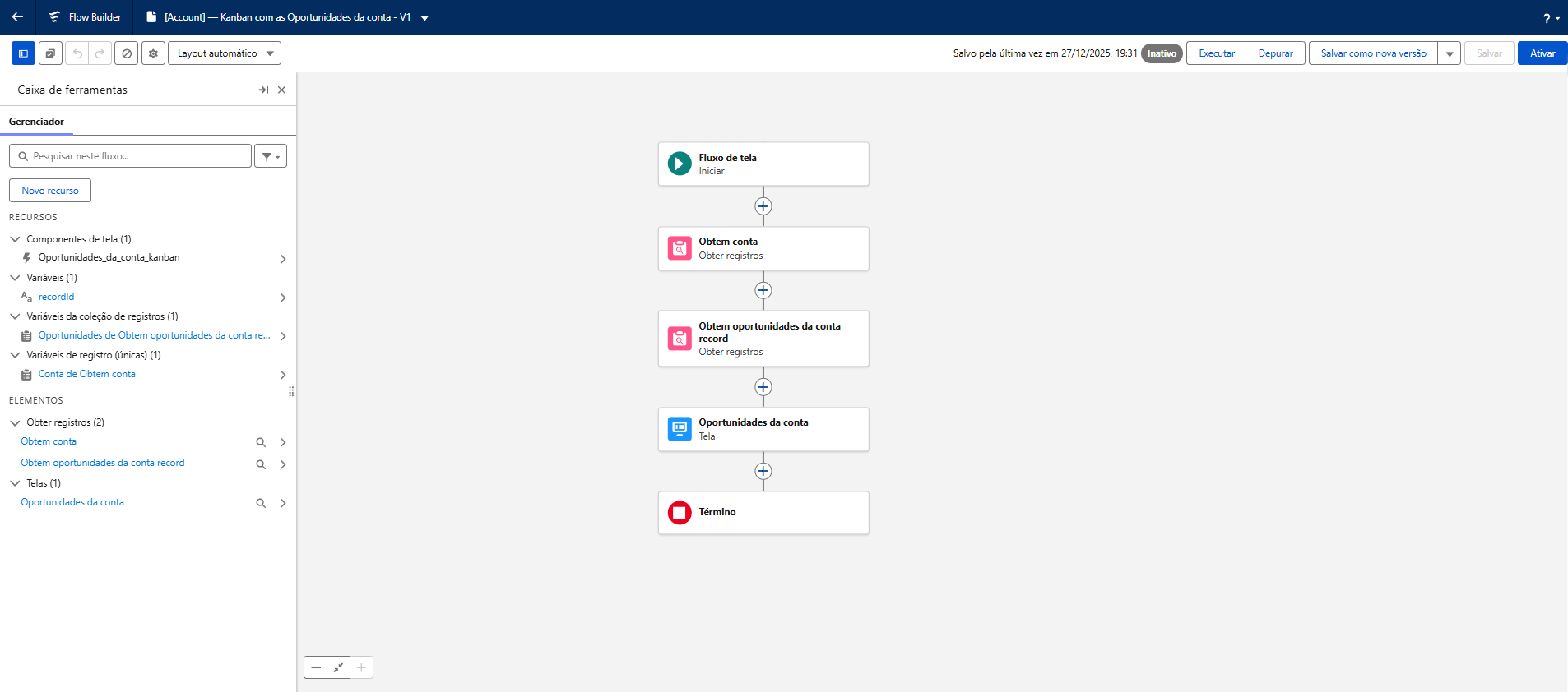 Estrutura completa do fluxo com Kanban Screen Flow no Salesforce