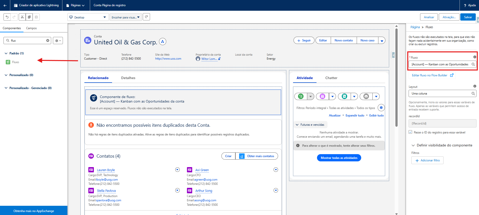 Adicionando componente Flow à página de conta no Salesforce