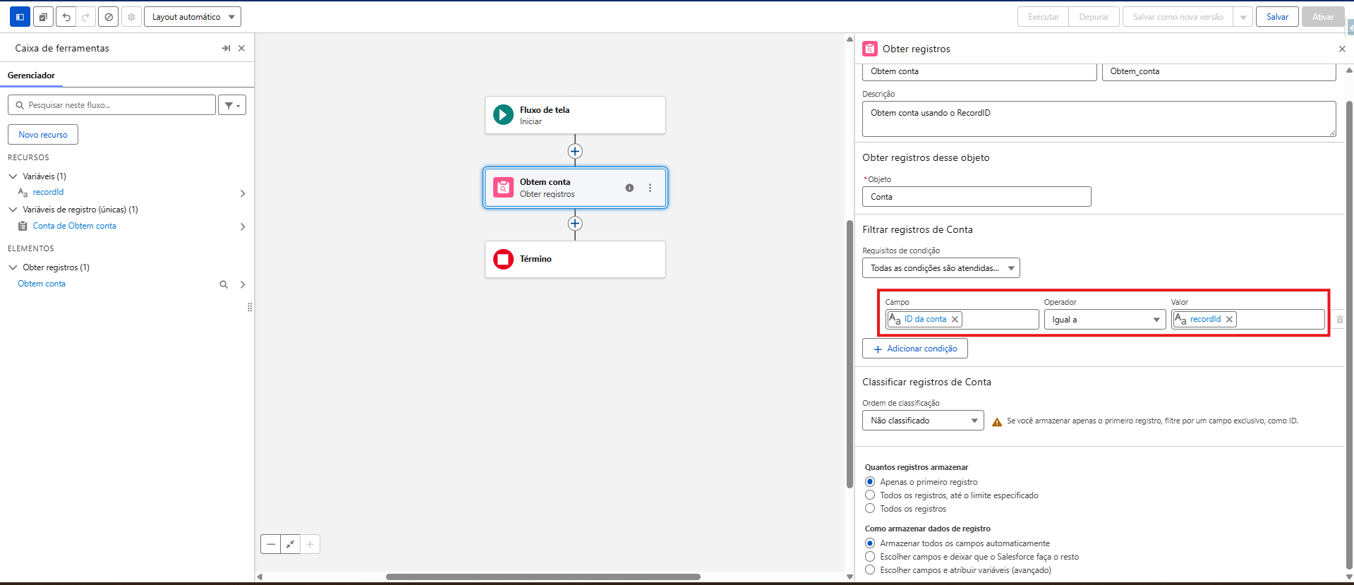 Elemento Get Records para buscar conta no Salesforce Flow