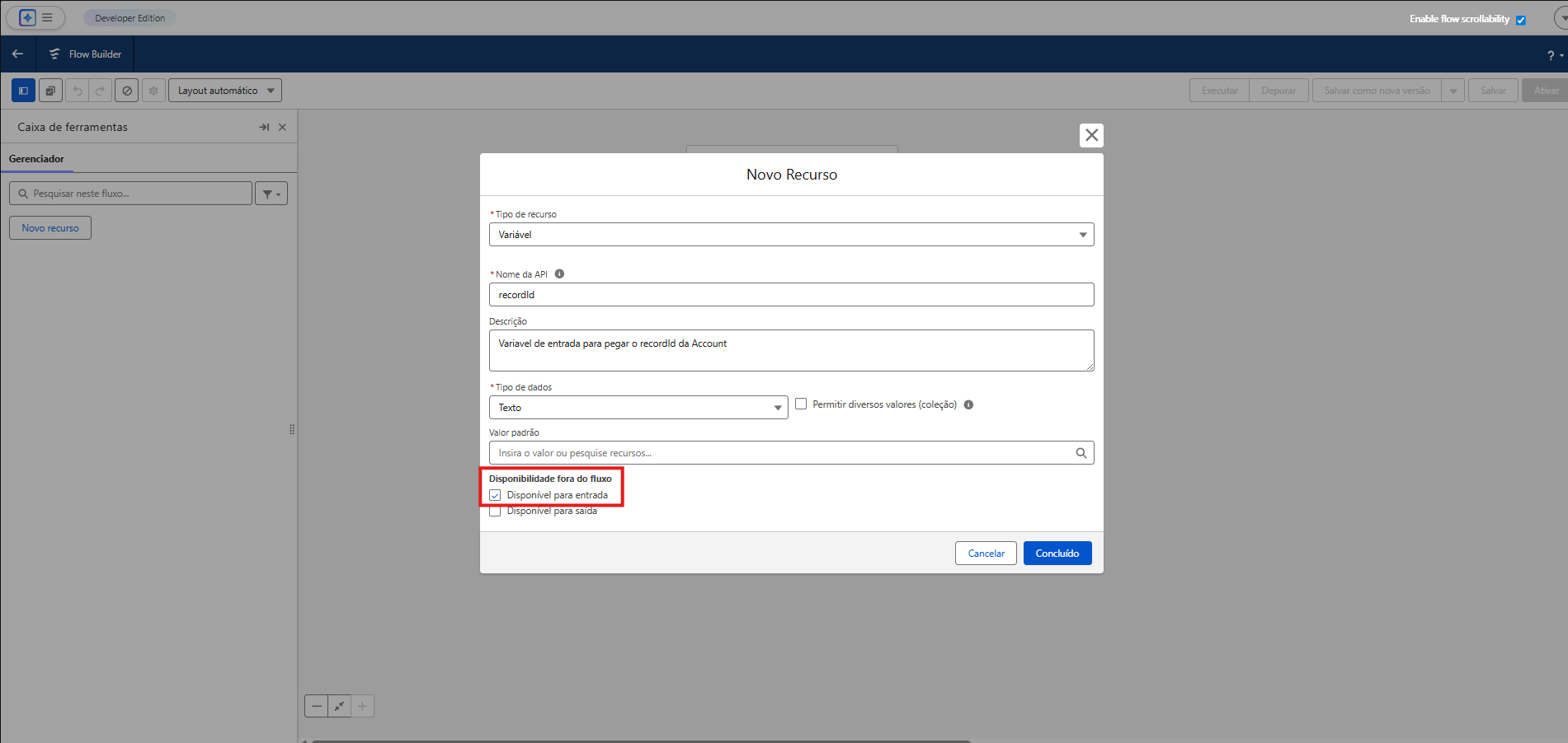 Configurando variável recordId no Flow Builder do Salesforce