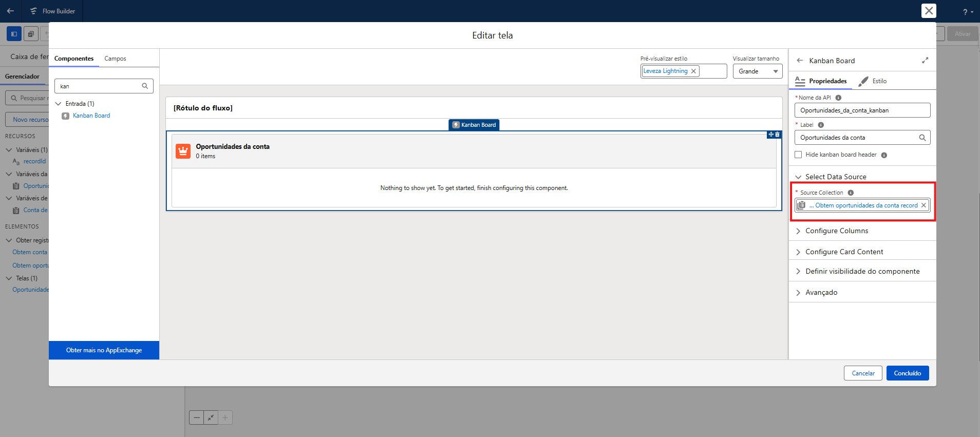 Selecionando collection para o Kanban Screen Flow